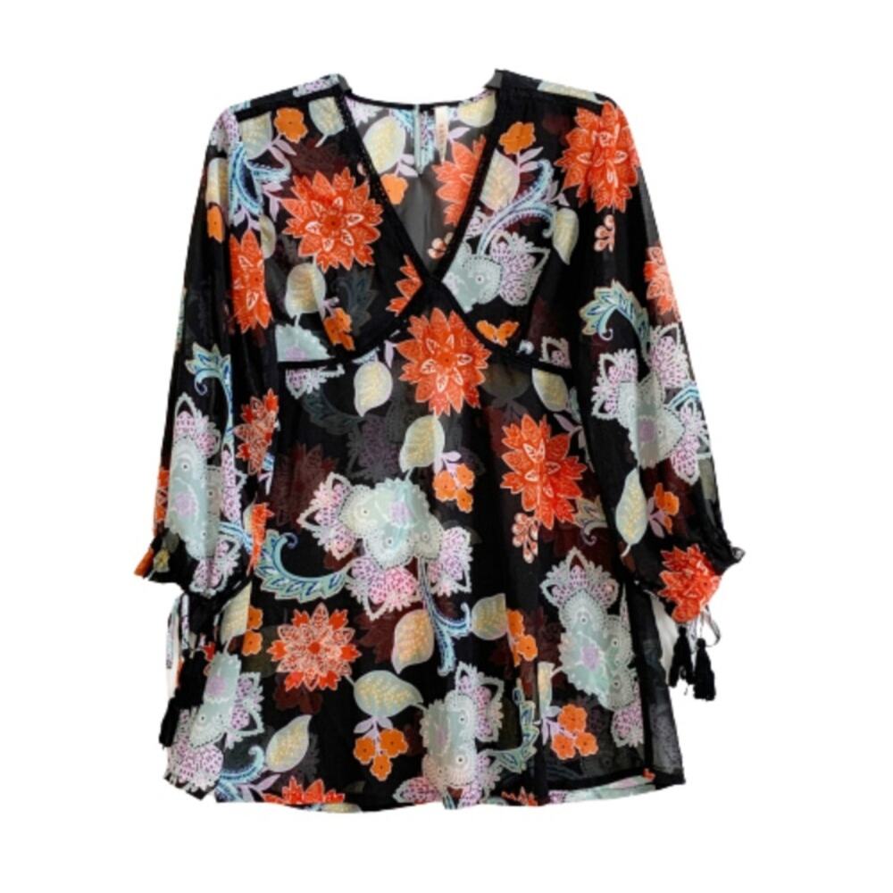 RAGA Anthropologie Blouse Top Tassel 3/4 Sleeve V-Neck Black Orange Floral Small